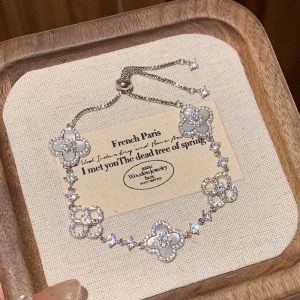 S925 sterling silver gold sense lucky four-leaf clover bracelet delicate white light luxury French adjustable hand ornament women