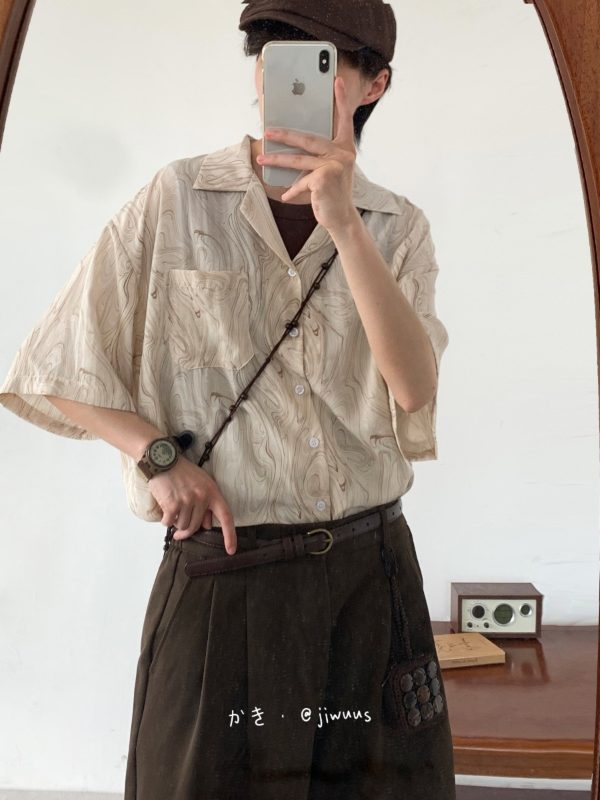 Several items jiwuus summer Japanese vintage polo shirt men's pattern Cuban collar unisex thin short-sleeved shirt - Image 2