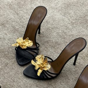 Spring/Summer 2025 New Fashionable Ultra High Heeled Metallic Flower Sandals Temperament Sexy Stiletto Open Toe Women's Shoes