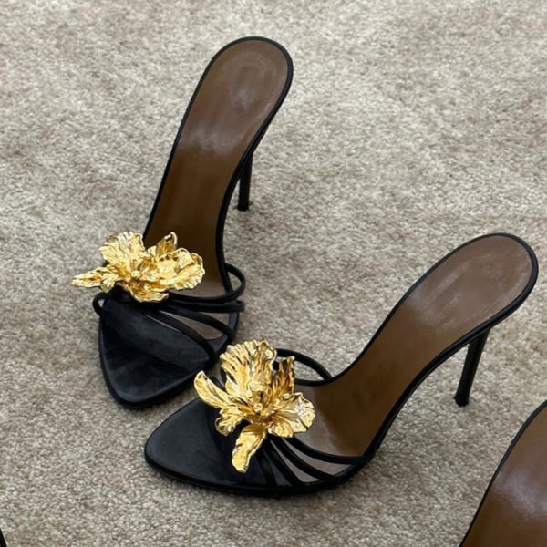 Spring/Summer 2025 New Fashionable Ultra High Heeled Metallic Flower Sandals Temperament Sexy Stiletto Open Toe Women's Shoes - Image 4