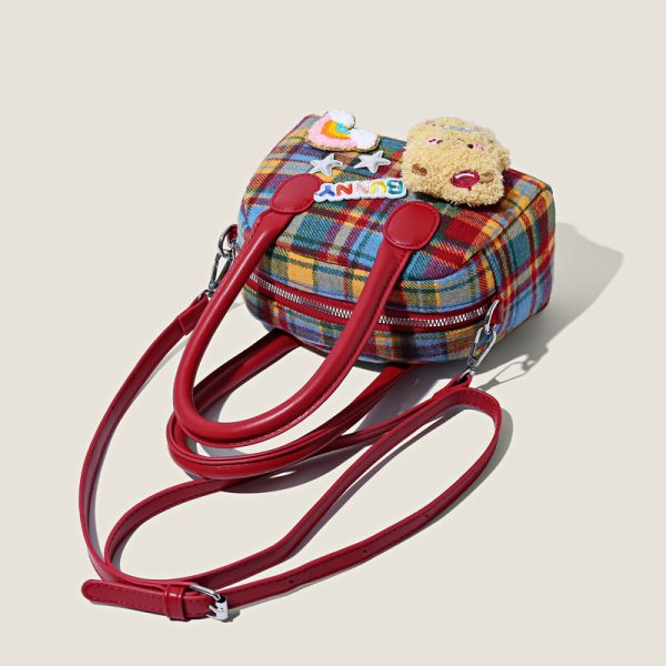 Plaid ins bag girl cute little brown bear fashion shoulder handbag high-value commuter coin purse crossbody bag - Image 3