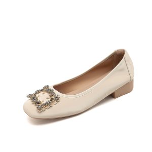 Foreign trade cross-border new square toe ice silk flower diamond gold buckle work shoes low heel soft sole comfortable women's single shoes 313-3