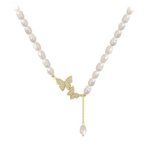 Natural freshwater pearl necklace women's micro-inlaid zircon butterfly pendant light luxury fashion niche necklace wholesale