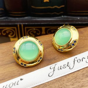French court style round inlaid jade natural stone retro high-end earrings design gold earrings women