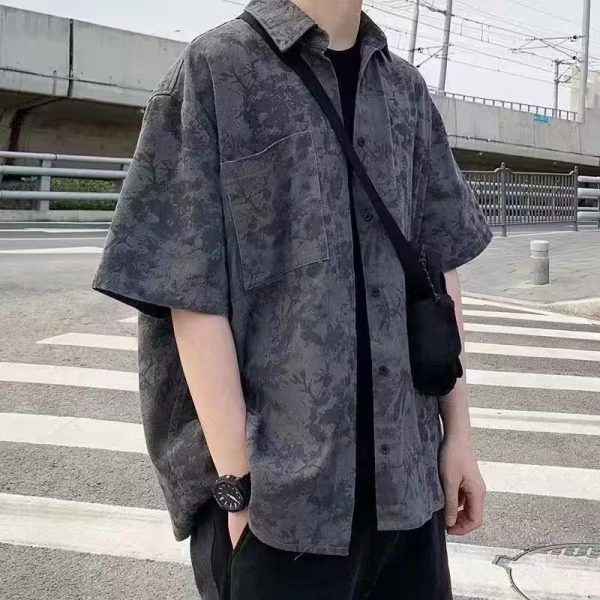 Tie-dye short-sleeved shirt men's 2023 summer American retro loose casual trend versatile high-quality ice silk shirt - Image 4