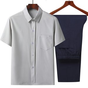 Summer middle-aged and elderly men's ice silk short-sleeved shirt loose lapel top middle-aged and elderly thin grandpa shirt