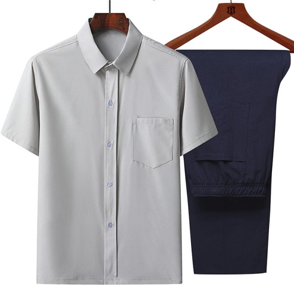 Summer middle-aged and elderly men's ice silk short-sleeved shirt loose lapel top middle-aged and elderly thin grandpa shirt - Image 4