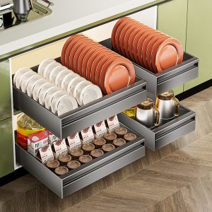 Dish storage rack, kitchen shelf, dish storage rack, drawer cabinet, pull-out basket, no punching, pull-out draining bowl rack
