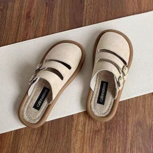 Birkenstocks, summer slip-ons, toe-toe, semi-slippers, women's breathable linen slip-ons, soft-soled cotton linen mules to wear outside