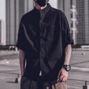 Seven-point linen short-sleeved shirt men's long-sleeved 2021 summer t-shirt casual inch clothes loose large size stand-up collar men's tide