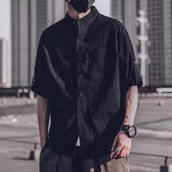 Seven-point linen short-sleeved shirt men's long-sleeved 2021 summer t-shirt casual inch clothes loose large size stand-up collar men's tide - Image 3