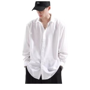 Summer loose drape-free ice silk black shirt men's long sleeve high-end sense ruffian handsome casual white shirt wholesale