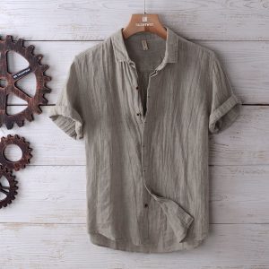Men's summer casual thin inch shirt breathable loose half sleeve cotton and linen shirt Japanese vintage linen short sleeve shirt