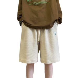 2025 Waffle Casual Shorts Men's Summer Loose Plus Size Straight Fat Trend Cropped Pants Sweatpants
