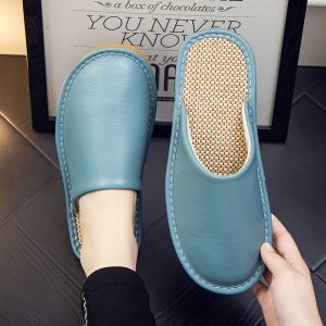 Spring and Autumn Baotou non-smelly feet leather home slippers women's indoor household anti-slip waterproof soft-soled linen sandals men