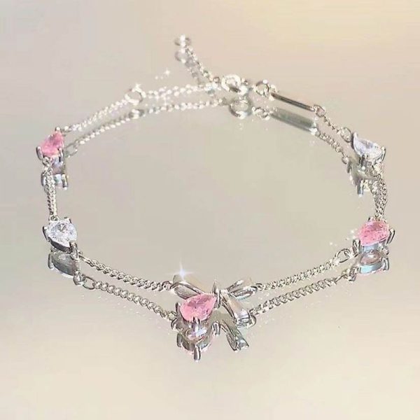 Pink zircon cherry blossom bow bracelet women's ins niche light luxury temperament high-end cold girlfriend hand ornament girl - Image 2