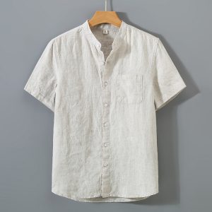 Solid color linen shirt men's short-sleeved summer base breathable thin linen clothes Chinese style retro casual top