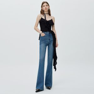 High-end 2025 new four-way stretch bootcut stretch jeans women's dark blue slim and versatile trousers tide