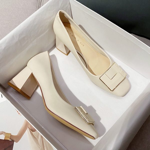 Square buckle thick heel single shoes women's 2025 new spring and autumn square toe high heels medium heel French plus size shoes women's G6850-39