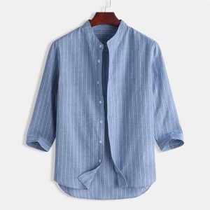 Korean version men's linen shirt stand-up collar cardigan loose casual breathable linen shirt youth three-quarter sleeve top men