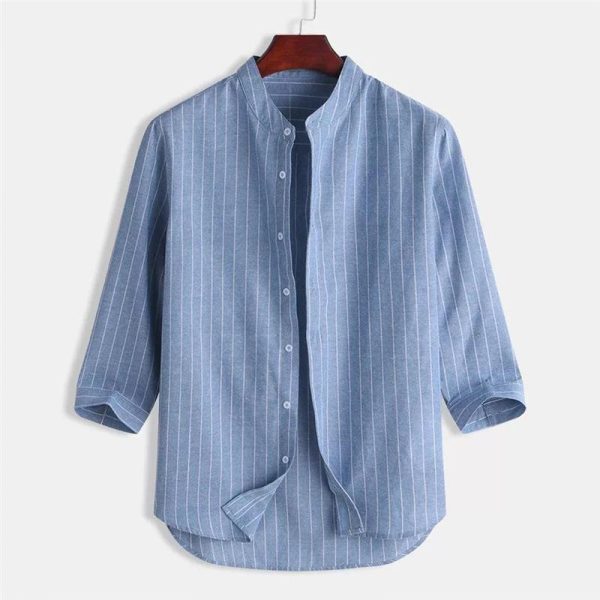 Korean version men's linen shirt stand-up collar cardigan loose casual breathable linen shirt youth three-quarter sleeve top men - Image 4