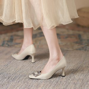 3788-8 Square toe thin heel rhinestone square buckle shoes for women, Korean pumps satin shoes, solid color commuter high heels, women's autumn