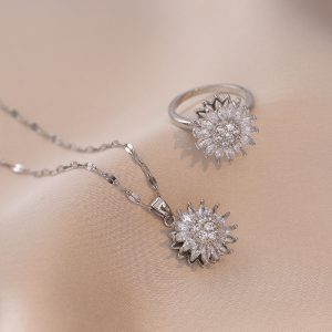 Cross-border zircon necklace women's sunflower new sunflower ins ring rotatable clavicle chain three-piece set