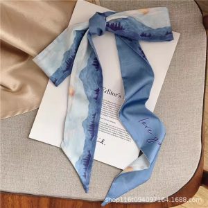 French silk scarf bow tie hair retro national style oil painting silk scarf headband female tie turban long strip streamer Korean version