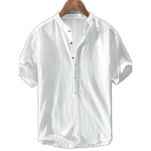 Dark white fresh stand-up collar pullover T-shirt short sleeve cotton linen shirt men's casual summer loose youth literary linen