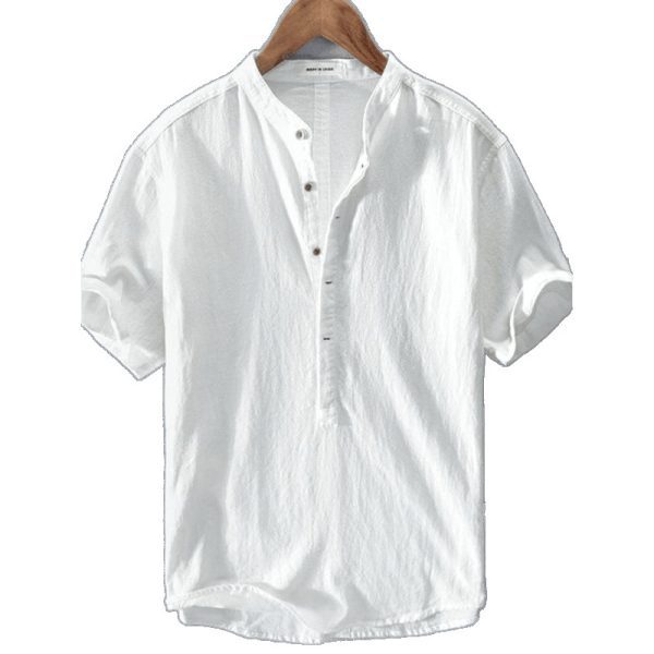 Dark white fresh stand-up collar pullover T-shirt short sleeve cotton linen shirt men's casual summer loose youth literary linen - Image 5