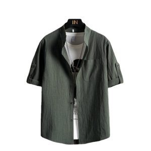 Linen shirt men's short sleeve stand-up collar shirt loose men's Chinese style thin cotton and linen Japanese five-quarter sleeve shirt for men