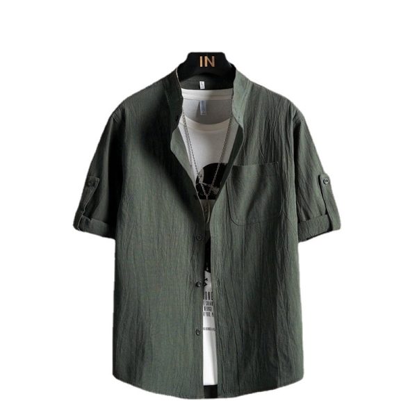 Linen shirt men's short sleeve stand-up collar shirt loose men's Chinese style thin cotton and linen Japanese five-quarter sleeve shirt for men - Image 5
