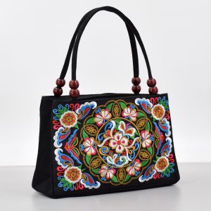 Ethnic style double-sided embroidered handbag, wooden bead accessories, double-layered zipper, hand-to-canvas bag, portable hand-carrying wallet