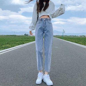 Net red thin section adjustable high-waisted jeans women's summer new Korean version wide-leg nine-point straight tube radish harem pants tide