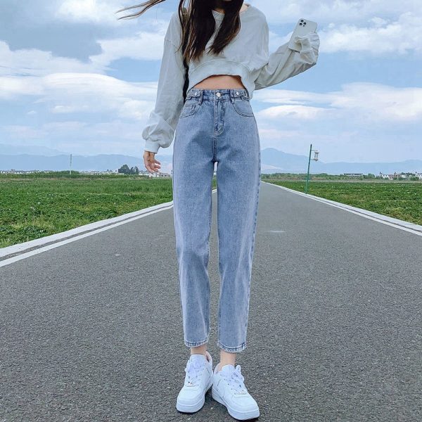 Net red thin section adjustable high-waisted jeans women's summer new Korean version wide-leg nine-point straight tube radish harem pants tide