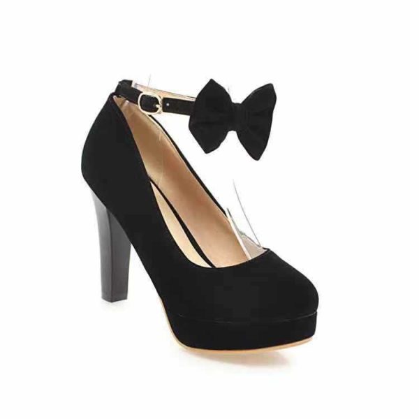 2021 Solid Color Office Low Top Round Toe Women's Thick Heel High Heel Bow Buckle Red Shoes