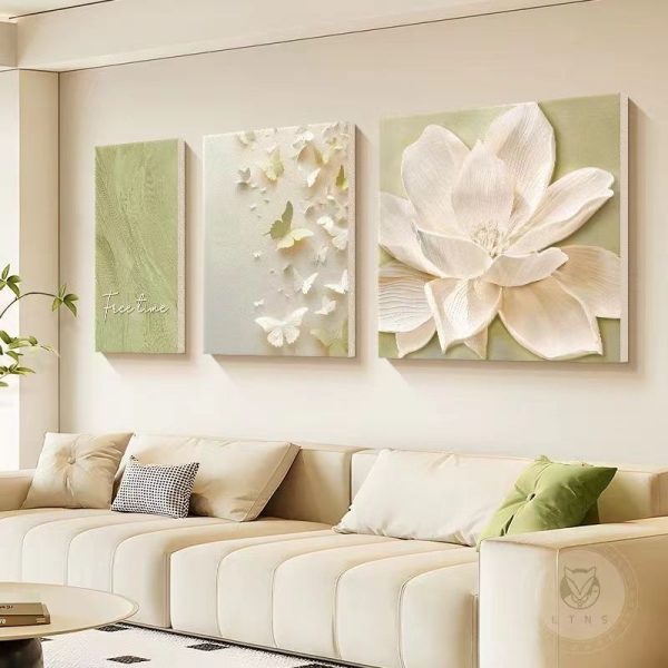 Cream simple living room decoration painting flower high-end sofa background wall painting texture atmospheric sandstone triptych mural