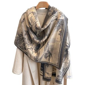 Autumn and winter new European retro oil painting landscape painting elegant fashion high-end women's imitation cashmere warm scarf