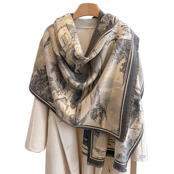 Autumn and winter new European retro oil painting landscape painting elegant fashion high-end women's imitation cashmere warm scarf - Image 5