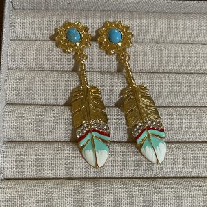 French designer bohemian feather earrings dripping oil copper plated real gold plated exotic turquoise earrings