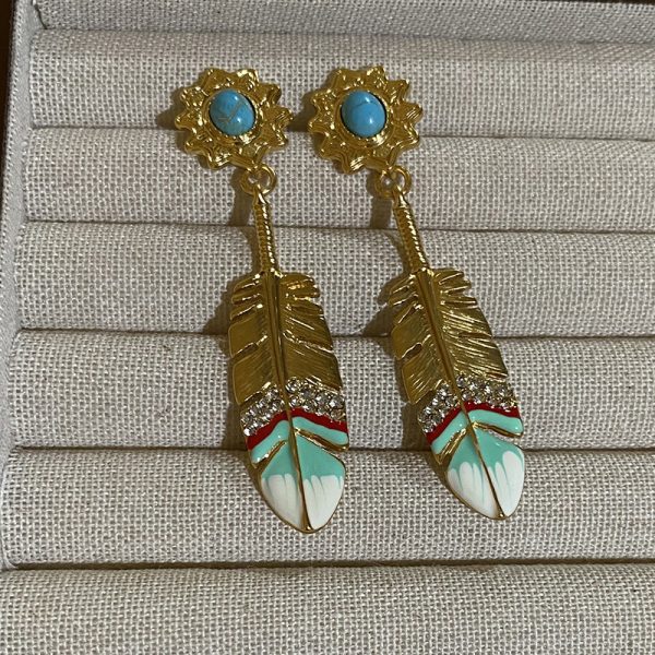 French designer bohemian feather earrings dripping oil copper plated real gold plated exotic turquoise earrings - Image 4