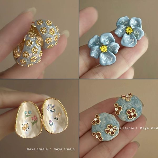 Embossed haze blue French retro drop glaze rose flower zircon earrings women's light luxury sense of luxury niche temperament