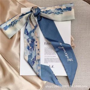 French silk scarf bow tie hair retro national style oil painting silk scarf headband female tie turban long strip streamer Korean version