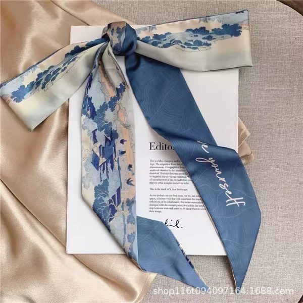 French silk scarf bow tie hair retro national style oil painting silk scarf headband female tie turban long strip streamer Korean version - Image 2