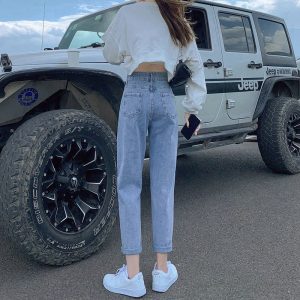 Net red thin section adjustable high-waisted jeans women's summer new Korean version wide-leg nine-point straight tube radish harem pants tide