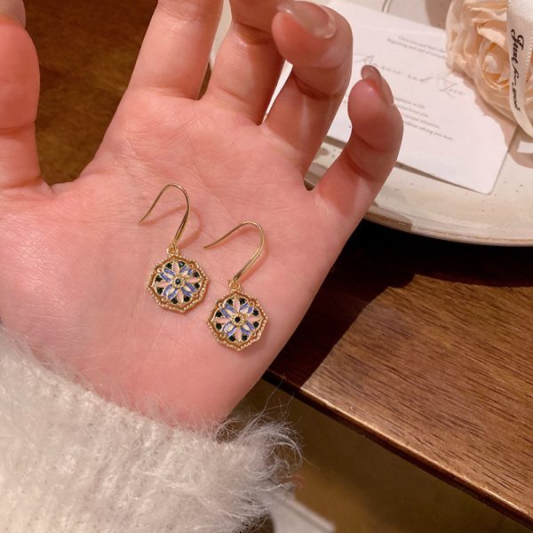 French vintage Monet garden drip glaze flower earrings women's light luxury niche high-end enamel flower earhook earrings - Image 3