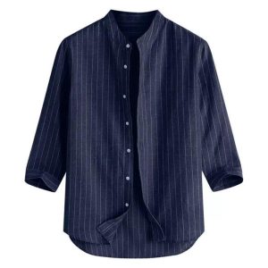 Korean version men's linen shirt stand-up collar cardigan loose casual breathable linen shirt youth three-quarter sleeve top men