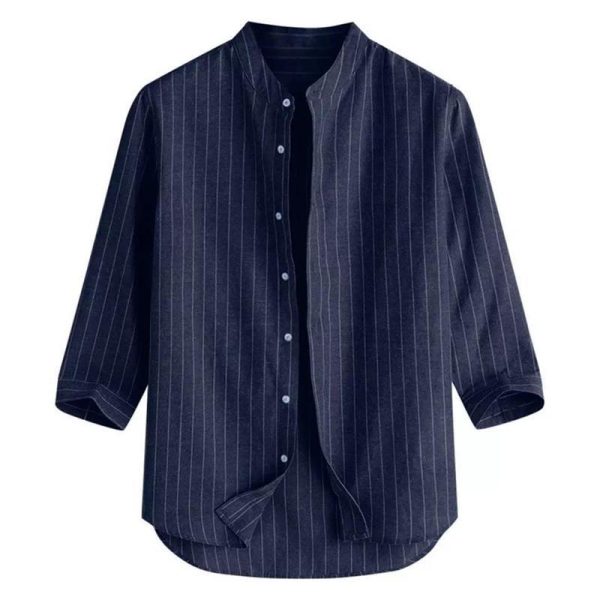 Korean version men's linen shirt stand-up collar cardigan loose casual breathable linen shirt youth three-quarter sleeve top men - Image 3