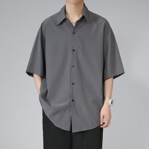 Ice silk short-sleeved shirt men's summer thin black Korean version of the trend loose casual five-quarter sleeve handsome and saving white lining