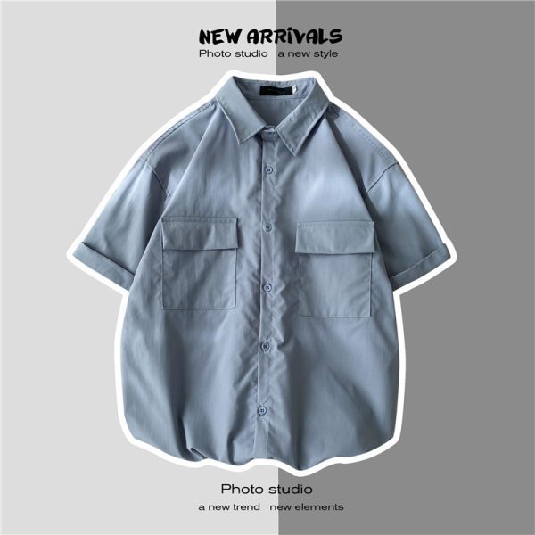Cargo short-sleeved shirts, men's summer, thin Hong Kong style, ins, handsome, trendy jackets, casual youth couple shirts - Image 4